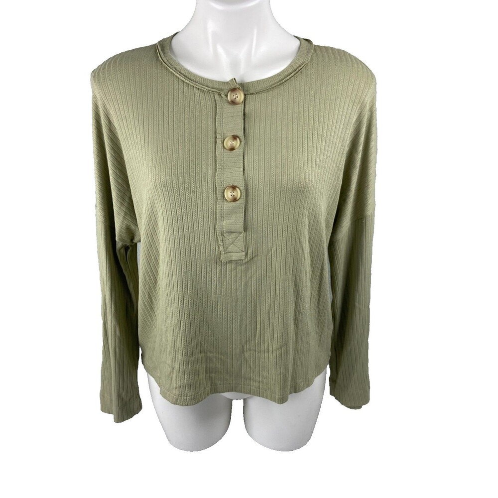 Blu Pepper Women Large Ribbed Top Green 3/4 Sleeve Button Neck NWT